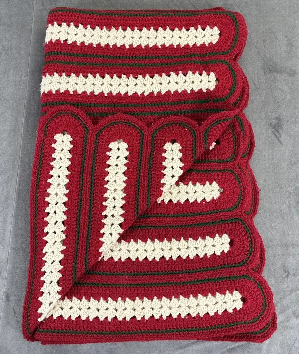 Handmade Crochet Blanket Afghan Throw 67x53 Red Green Ivory Vintage Style Chrty